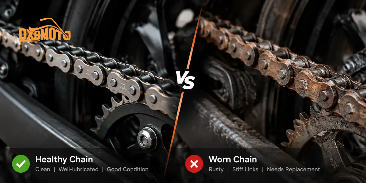 Healthy vs worn motorcycle chain condition comparison