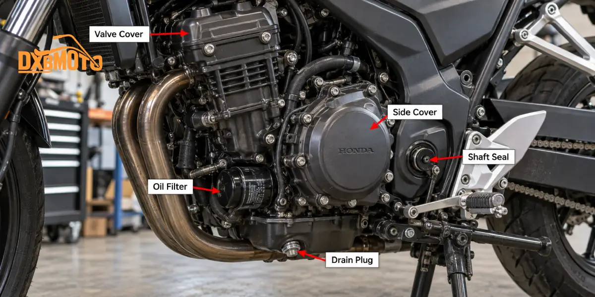 common motorcycle engine oil leak locations