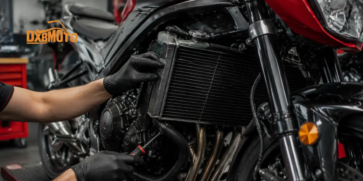 motorcycle mechanic checking engine cooling system