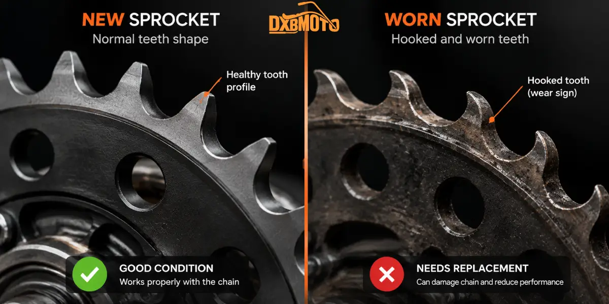 worn motorcycle sprocket teeth showing when chain replacement is needed